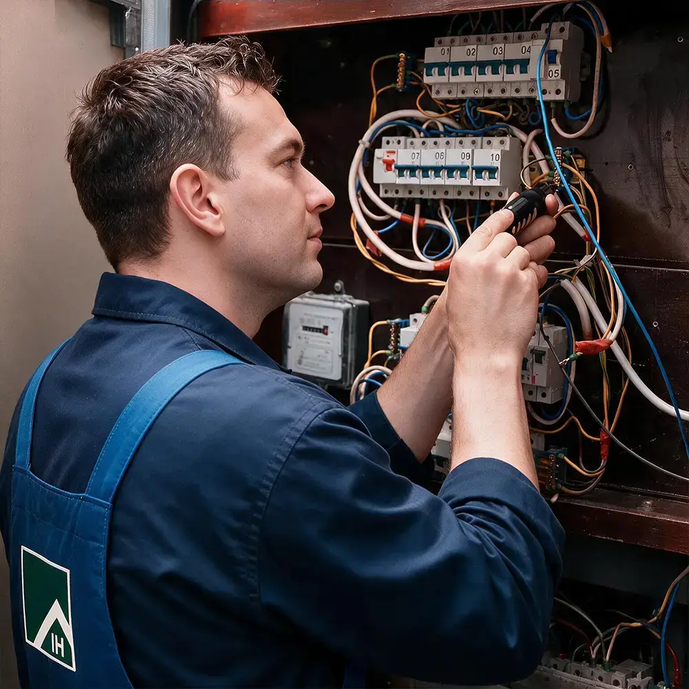 Elektriker vom Kundendienst der Ilmenau Haustechnik arbeitet am Sicherungskasten