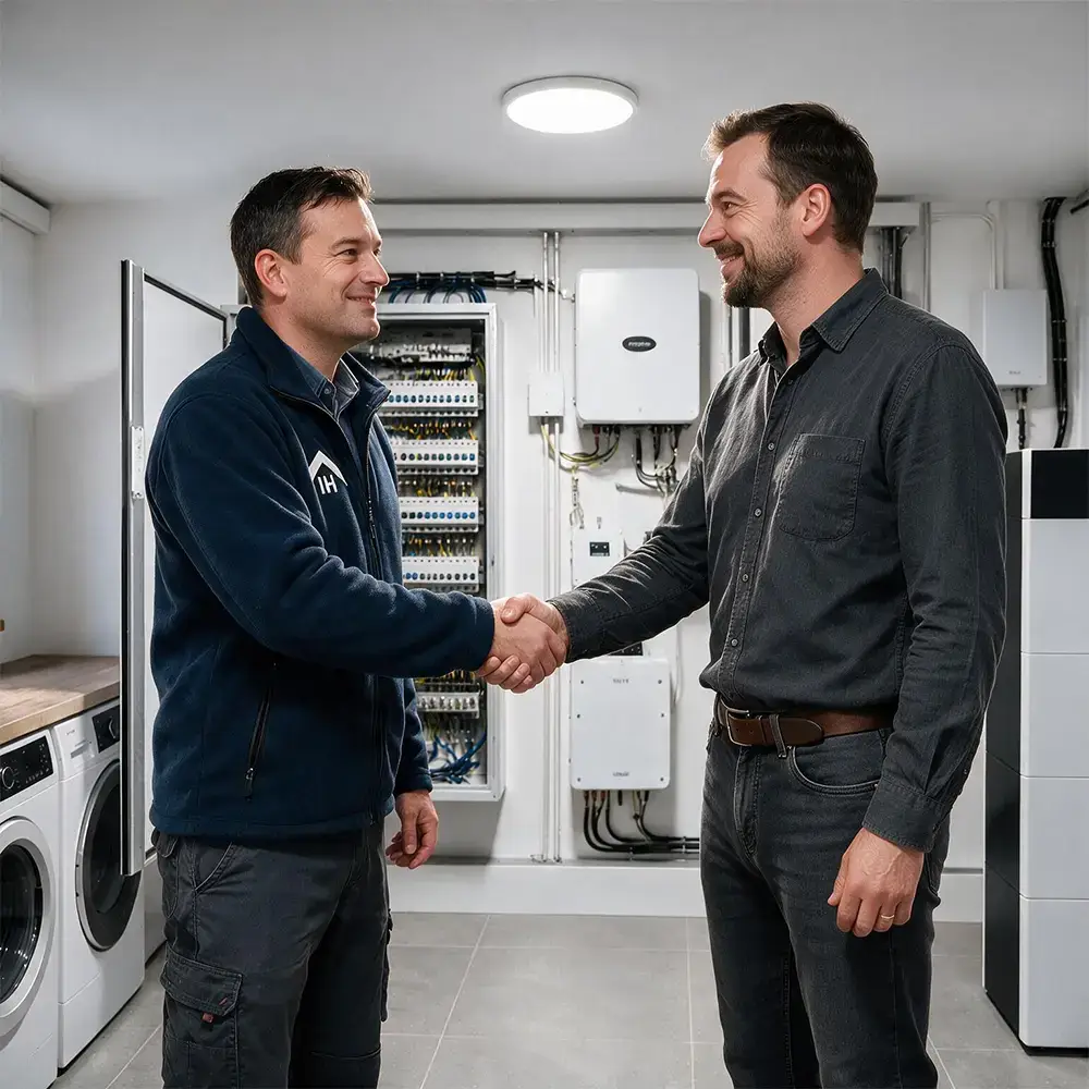 Über uns – Björn Dehning von Ilmenau Haustechnik beim Handschlag mit einem Kunden