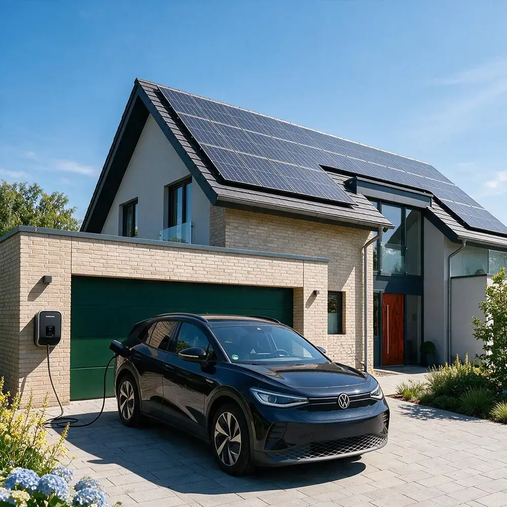 Elektroauto lädt an einer Wallbox mit Solarstrom vom eigenen Dach